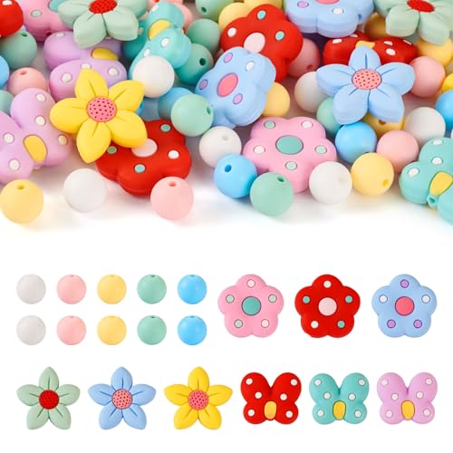 Spritewelry Silikonperlen, bunte Blumen- und Schmetterlings-Perlen, runde Gummi-Abstandshalter, für Bastelarbeiten, Schlüsselanhänger, Schlüsselband, Schmuckherstellung, 66 Stück von Spritewelry