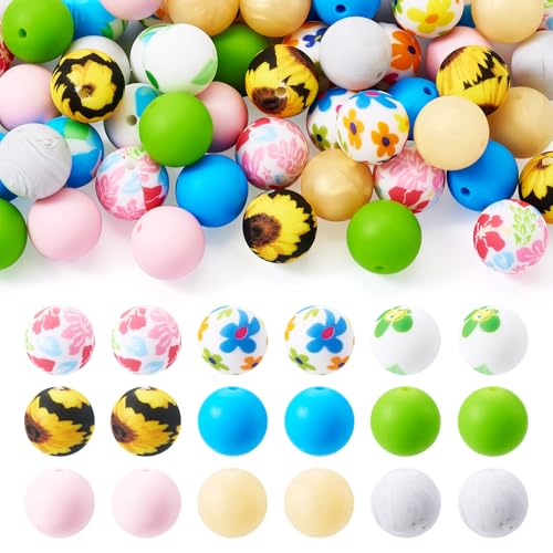 Spritewelry Silikonperlen mit Blumendruck, bunt, rund, Gummi, lose Abstandshalter, Silikonperlen für Bastelarbeiten, Stifte, Schlüsselbänder, Armbänder, Schmuckherstellung, 54 Stück Spritewelry Silikonperlen mit Blumendruck, bunt, rund, Gummi, lose Abstandshalter, Silikonperlen für Bastelarbeiten, Stifte, Schlüsselbänder, Armbänder, Schmuckherstellung, 54 Stück von Spritewelry