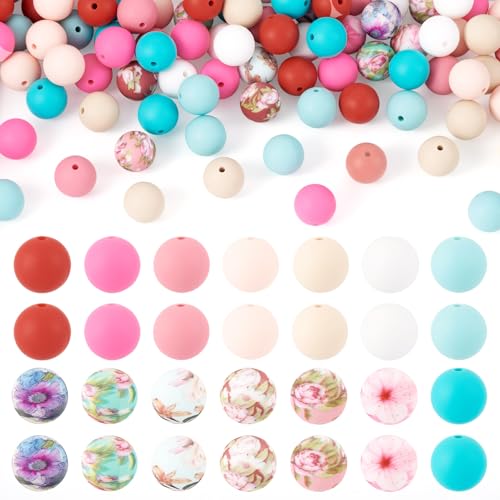Spritewelry Silikonperlen mit Blumenmuster, bunt, 15 mm, rund, Gummi-Abstandshalter, für Bastelarbeiten, Stifte, Schlüsselbänder, Armbänder, Schmuckherstellung, 98 Stück von Spritewelry
