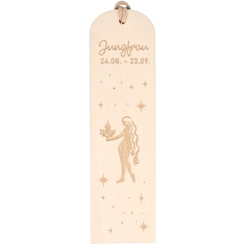 Spruchreif | Lesezeichen "Jungfrau" Sternzeichen | Graviertes Holz-Lesezeichen mit Lederband | Geschenk für Bücherfreunde & Astrologie-Fans | ca. 16 x 4,5 cm | Buchenholz von Spruchreif