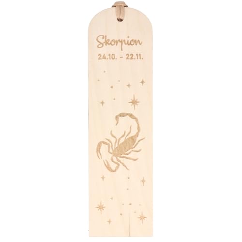 Spruchreif |Lesezeichen "Skorpion" Sternzeichen | Graviertes Holz-Lesezeichen mit Lederband | Geschenk für Bücherfreunde & Astrologie-Fans | ca. 16 x 4,5 cm | Buchenholz von Spruchreif