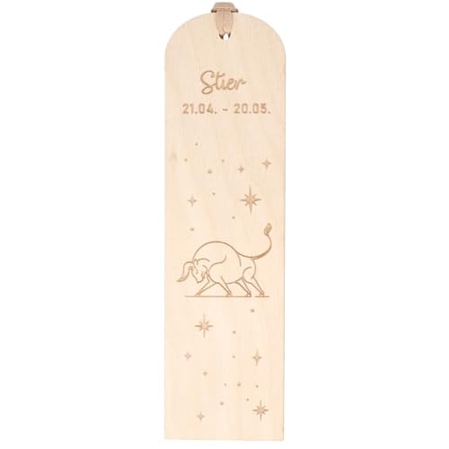 Spruchreif | Lesezeichen "Stier" Sternzeichen | Graviertes Holz-Lesezeichen mit Lederband | Geschenk für Bücherfreunde & Astrologie-Fans | ca. 16 x 4,5 cm | Buchenholz von Spruchreif