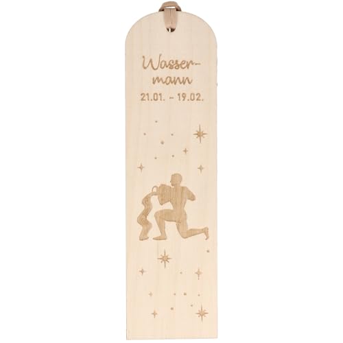 Spruchreif | Lesezeichen "Wassermann" Sternzeichen | Graviertes Holz-Lesezeichen mit Lederband | Geschenk für Bücherfreunde & Astrologie-Fans | ca. 16 x 4,5 cm | Buchenholz von Spruchreif