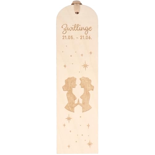 Spruchreif | Lesezeichen "Zwillinge" Sternzeichen | Graviertes Holz-Lesezeichen mit Lederband | Geschenk für Bücherfreunde & Astrologie-Fans | ca. 16 x 4,5 cm | Buchenholz von Spruchreif