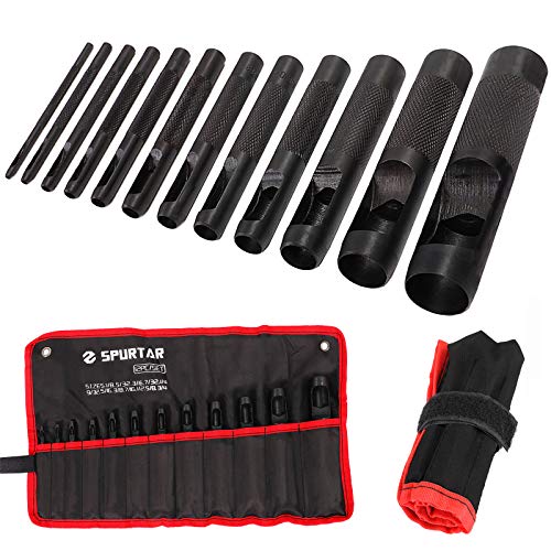 Spurtar 12 Stück Lochstanzer-Set 1/8"-3/4" Stahl Stanzwerkzeug Set zum Rund Lochzange für Leder Filz Weich-Material, Textiel für DIY, Schwarz, mit Aufbewahrungstasche von Spurtar