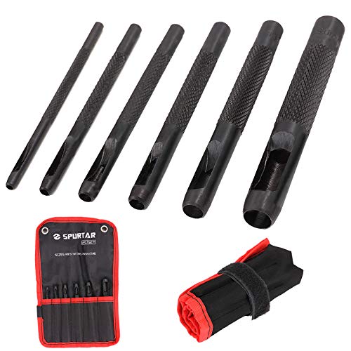 Spurtar 6 Stück Lochstanzer Leder Set Stanzwerkzeug Set Stahl Locheisen Satz Rund Locheisen satz für Leder Weich-Material, Textiel, Holz - Ideal für Profi & DIY Hobbyist (Schwarz, 1/8"-5/16'') von Spurtar