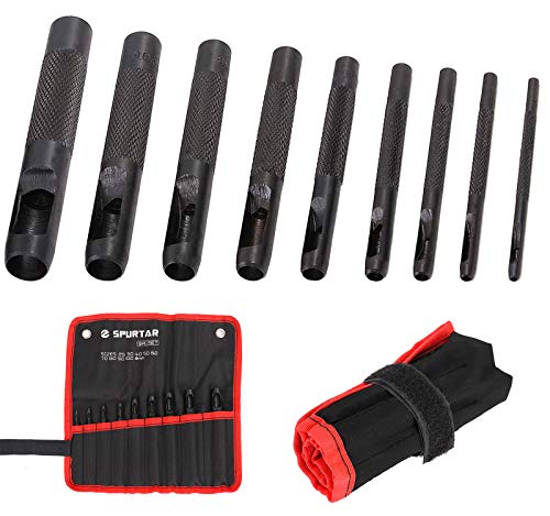 Spurtar 9 Stück Locheisen Satz 2,5-10mm Lochstanzer Leder Stanzwerkzeug Set Gehärtetem Stahl zum Rund Lochzange für Leder - Ideal für Profi & DIY Hobbyist - Schwarz von Spurtar