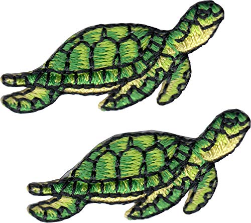 Schildkröte – Grünes Set mit 2 Stück. - Bestickter Aufnäher zum Aufnähen oder Aufbügeln, Grün , 1 5/8" x 5/8" von Square Deal Recordings & Supplies
