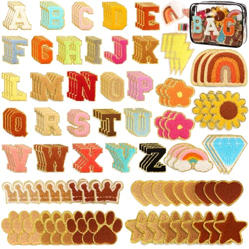 Selbstklebende Chenille-Buchstaben-Aufnäher, Buchstaben-Aufnäher mit goldenem Rand, A-Z, Sterne, Herzen, Regenbögen, Blumen, bestickt, zum Aufkleben, für Kleidung, Hüte, Rucksäcke, Jeans, 162 Stück von Srapwati