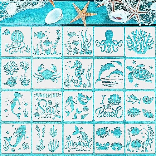 20 Stück Meerestier Malerei Schablonen, Meer Ozean Kreaturen Vorlagen, Kunststoff Zeichnungs Schablonen Set, Wiederverwendbare Tiere Malschablonen,für DIY Handwerk Scrabooking Malen auf Holz von Srcasy