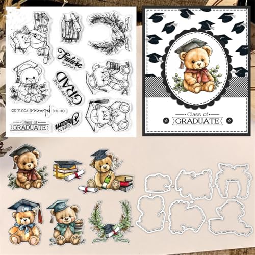 Sredwtk Abschlusssaison Abschluss Bär Stempel und Stanzen Set,Silikonstempel und Stanzen Set,Stanzschablonen und Stempelset,Clear Stamp und Stanzschablone Für DIY Scrapbooking Fotoalbum Dekor Karten von Sredwtk