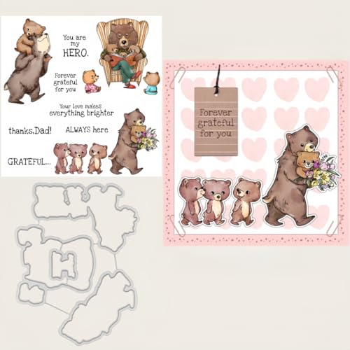 Sredwtk Bär Vater Dad Stempel und Stanzen Set,Silikonstempel und Stanzen Set,Stanzschablonen und Stempelset,Clear Stamp und Stanzschablone Für DIY Scrapbooking Fotoalbum Dekor Karten von Sredwtk