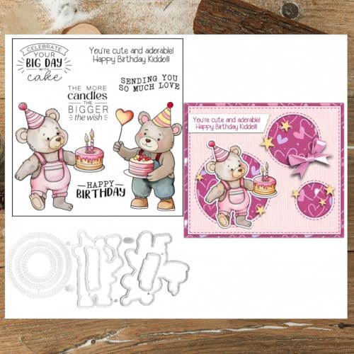 Sredwtk Bären Geburtstag Stempel und Stanzen Set,Silikonstempel und Stanzen Set,Stanzschablonen und Stempelset,Clear Stamp und Stanzschablone Für DIY Scrapbooking Fotoalbum Dekor Karten von Sredwtk