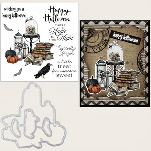 Sredwtk Die Krähe Happy Halloween Stanzschablonen und Stempelset,Stempel und Stanzen Set,Silikonstempel und Stanzen Set,Clear Stamp und Stanzschablone Für DIY Scrapbooking Fotoalbum Dekor Karten von Sredwtk