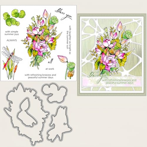 Sredwtk Dragonfly Lotos Blumen Stanzschablonen und Stempelset,Stempel und Stanzen Set,Silikonstempel und Stanzen Set,Clear Stamp und Stanzschablone Für DIY Scrapbooking Fotoalbum Dekor Karten von Sredwtk