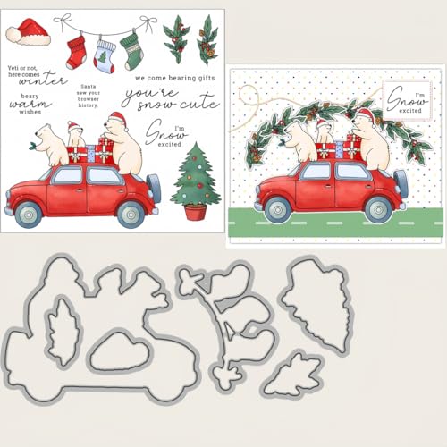 Sredwtk Eisbär Weihnachten Auto Stanzschablonen und Stempelset,Stempel und Stanzen Set,Silikonstempel und Stanzen Set,Clear Stamp und Stanzschablone Für DIY Scrapbooking Fotoalbum Dekor Karten von Sredwtk