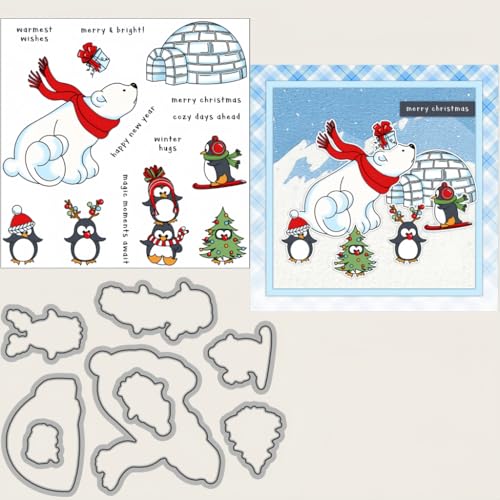 Sredwtk Eisbären Pinguine Winter Stanzschablonen und Stempelset,Stempel und Stanzen Set,Silikonstempel und Stanzen Set,Clear Stamp und Stanzschablone Für DIY Scrapbooking Fotoalbum Dekor Karten von Sredwtk