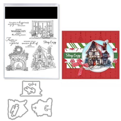Sredwtk Fenster Kamin Haus Weihnachten Stempel und Stanzen Set,Silikonstempel und Stanzen Set,Stanzschablonen und Stempelset,Clear Stamp und Stanzschablone Für DIY Scrapbooking Fotoalbum Dekor Karten von Sredwtk