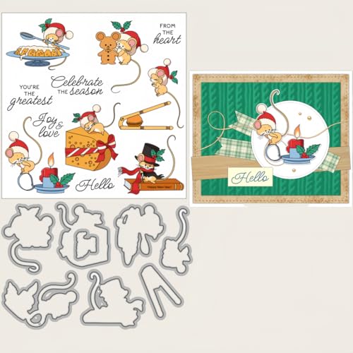 Sredwtk Freude Mäuse Weihnachten Stanzschablonen und Stempelset,Stempel und Stanzen Set,Silikonstempel und Stanzen Set,Clear Stamp und Stanzschablone Für DIY Scrapbooking Fotoalbum Dekor Karten von Sredwtk