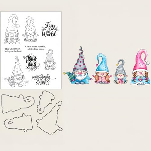 Sredwtk Gnome Familie Stanzschablonen und Stempelset,Stempel und Stanzen Set,Silikonstempel und Stanzen Set,Clear Stamp und Stanzschablone Für DIY Scrapbooking Fotoalbum Dekor Karten von Sredwtk