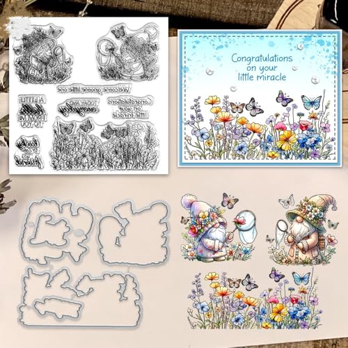 Sredwtk Gnome Schmetterling Blumen Stempel und Stanzen Set,Silikonstempel und Stanzen Set,Stanzschablonen und Stempelset,Clear Stamp und Stanzschablone Für DIY Scrapbooking Fotoalbum Dekor Karten von Sredwtk