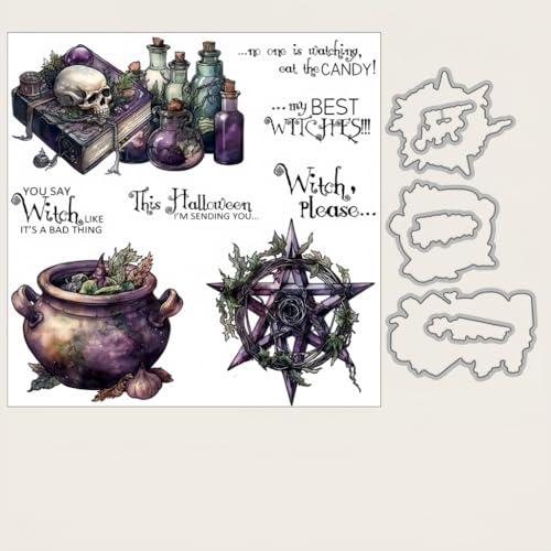 Sredwtk Hexe Halloween Stanzschablonen und Stempelset,Stempel und Stanzen Set,Silikonstempel und Stanzen Set,Clear Stamp und Stanzschablone Für DIY Scrapbooking Fotoalbum Dekor Karten von Sredwtk