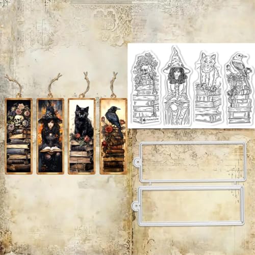 Sredwtk Hexe Katze Halloween Stempel und Stanzen Set,Silikonstempel und Stanzen Set,Stanzschablonen und Stempelset,Clear Stamp und Stanzschablone Für DIY Scrapbooking Fotoalbum Dekor Karten von Sredwtk