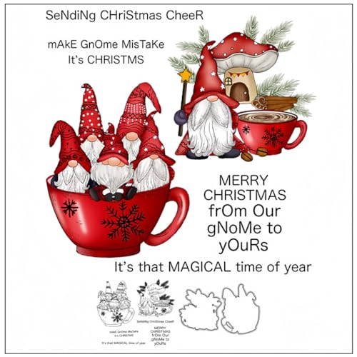 Sredwtk Kaffeetasse Gnome Weihnachten Stanzschablonen und Stempelset,Stempel und Stanzen Set,Silikonstempel und Stanzen Set,Clear Stamp und Stanzschablone Für DIY Scrapbooking Fotoalbum Dekor Karten von Sredwtk