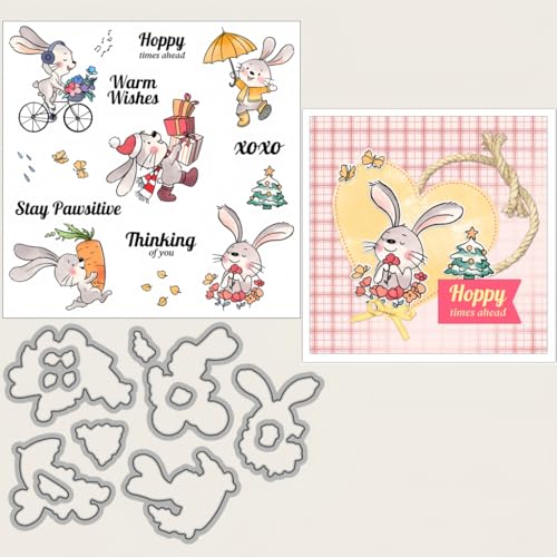 Sredwtk Kaninchen Frühling Weihnachten Stanzschablonen und Stempelset,Stempel und Stanzen Set,Silikonstempel und Stanzen Set,Clear Stamp und Stanzschablone Für DIY Scrapbooking Fotoalbum Dekor Karten von Sredwtk