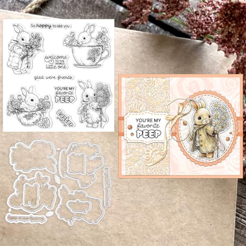 Sredwtk Kaninchen Ostern Eier Stempel und Stanzen Set,Silikonstempel und Stanzen Set,Stanzschablonen und Stempelset,Clear Stamp und Stanzschablone Für DIY Scrapbooking Fotoalbum Dekor Karten (E) von Sredwtk