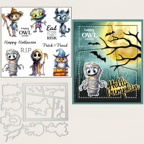 Sredwtk Katze Eule Geist Halloween Stempel und Stanzen Set,Silikonstempel und Stanzen Set,Stanzschablonen und Stempelset,Clear Stamp und Stanzschablone Für DIY Scrapbooking Fotoalbum Dekor Karten von Sredwtk
