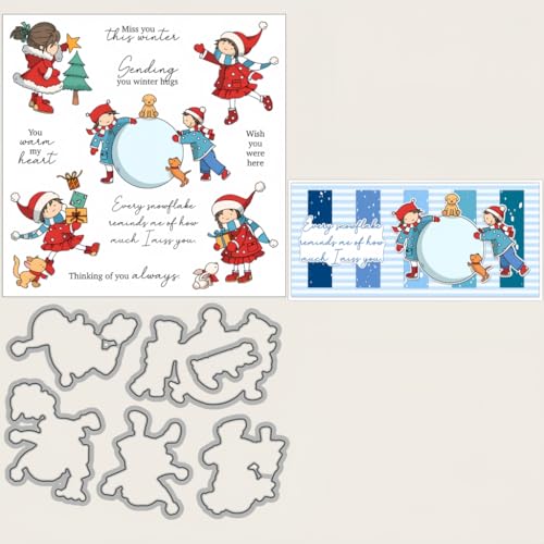 Sredwtk Kinder Winter Weihnachten Stanzschablonen und Stempelset,Stempel und Stanzen Set,Silikonstempel und Stanzen Set,Clear Stamp und Stanzschablone Für DIY Scrapbooking Fotoalbum Dekor Karten von Sredwtk