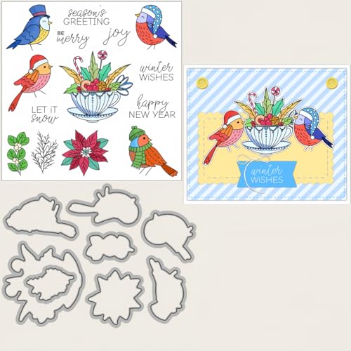 Sredwtk Kleine Vögel Weihnachtsblumen Stanzschablonen und Stempelset,Stempel und Stanzen Set,Silikonstempel und Stanzen Set,Clear Stamp und Stanzschablone Für DIY Scrapbooking Fotoalbum Dekor Karten von Sredwtk
