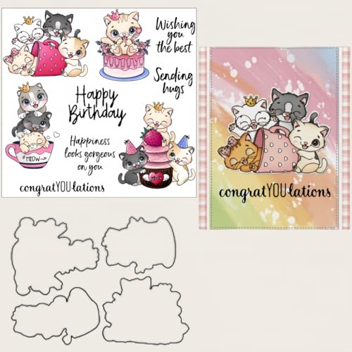 Sredwtk Kuchen Katze Happy Birthday Stanzschablonen und Stempelset,Stempel und Stanzen Set,Silikonstempel und Stanzen Set,Clear Stamp und Stanzschablone Für DIY Scrapbooking Fotoalbum Dekor Karten von Sredwtk