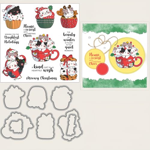Sredwtk Kuchen Katze Weihnachten Stanzschablonen und Stempelset,Stempel und Stanzen Set,Silikonstempel und Stanzen Set,Clear Stamp und Stanzschablone Für DIY Scrapbooking Fotoalbum Dekor Karten von Sredwtk