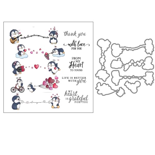 Sredwtk Liebe Pinguin Tiere Stempel und Stanzen Set,Silikonstempel und Stanzen Set,Stanzschablonen und Stempelset,Clear Stamp und Stanzschablone Für DIY Scrapbooking Fotoalbum Dekor Karten von Sredwtk