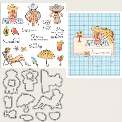 Sredwtk Mädchen am Strand Sommer Stempel und Stanzen Set,Silikonstempel und Stanzen Set,Stanzschablonen und Stempelset,Clear Stamp und Stanzschablone Für DIY Scrapbooking Fotoalbum Dekor Karten von Sredwtk