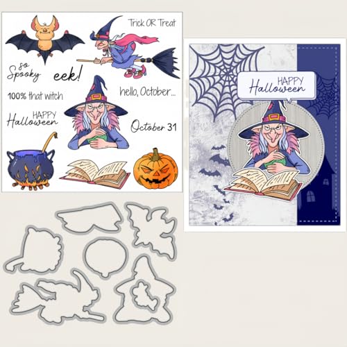 Sredwtk Magische Hexe Halloween Stanzschablonen und Stempelset,Stempel und Stanzen Set,Silikonstempel und Stanzen Set,Clear Stamp und Stanzschablone Für DIY Scrapbooking Fotoalbum Dekor Karten von Sredwtk
