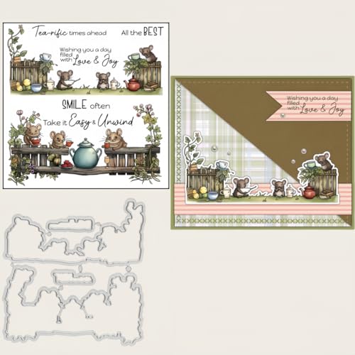 Sredwtk Maus Nachmittagstee Stanzschablonen und Stempelset,Stempel und Stanzen Set,Silikonstempel und Stanzen Set,Clear Stamp und Stanzschablone Für DIY Scrapbooking Fotoalbum Dekor Karten von Sredwtk