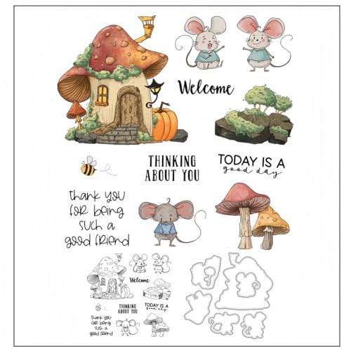 Sredwtk Maus Pilzhaus Stempel und Stanzen Set,Silikonstempel und Stanzen Set,Stanzschablonen und Stempelset,Clear Stamp und Stanzschablone Für DIY Scrapbooking Fotoalbum Dekor Karten von Sredwtk