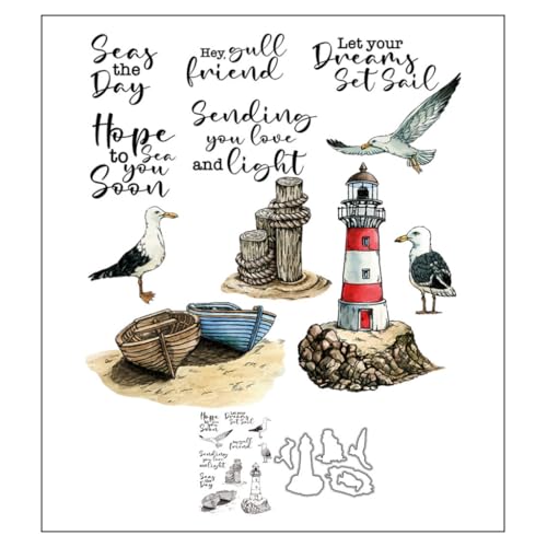 Sredwtk Möwe Leuchtturm Stempel und Stanzen Set,Silikonstempel und Stanzen Set,Stanzschablonen und Stempelset,Clear Stamp und Stanzschablone Für DIY Scrapbooking Fotoalbum Dekor Karten von Sredwtk