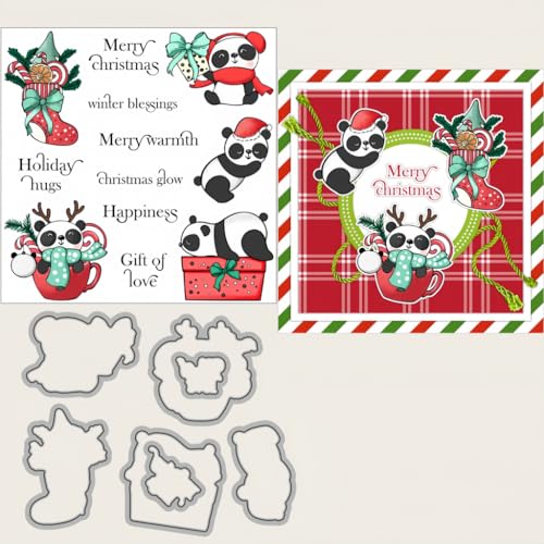 Sredwtk Panda Weihnachten Stanzschablonen und Stempelset,Stempel und Stanzen Set,Silikonstempel und Stanzen Set,Clear Stamp und Stanzschablone Für DIY Scrapbooking Fotoalbum Dekor Karten von Sredwtk