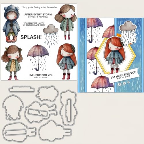 Sredwtk Regentag Kleines Mädchen Stanzschablonen und Stempelset,Stempel und Stanzen Set,Silikonstempel und Stanzen Set,Clear Stamp und Stanzschablone Für DIY Scrapbooking Fotoalbum Dekor Karten von Sredwtk