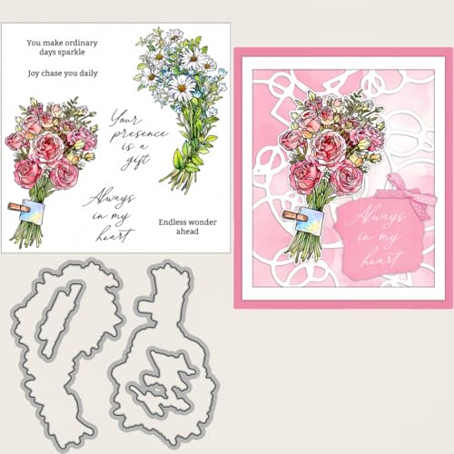Sredwtk Rose Daisy Blumensträuß Stanzschablonen und Stempelset,Stempel und Stanzen Set,Silikonstempel und Stanzen Set,Clear Stamp und Stanzschablone Für DIY Scrapbooking Fotoalbum Dekor Karten von Sredwtk