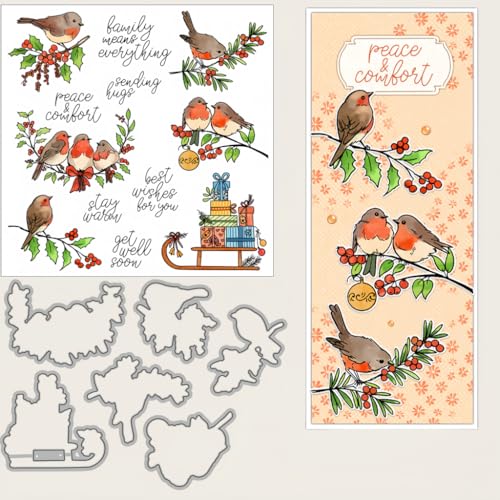 Sredwtk Schlitten Kleine Vogel Weihnachten Stanzschablonen und Stempelset,Stempel und Stanzen Set,Silikonstempel und Stanzen Set,Stamp und Stanzschablone Für DIY Scrapbooking Fotoalbum Dekor Karten von Sredwtk