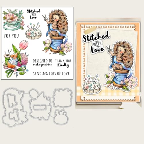 Sredwtk Schneider Hedgehog Stanzschablonen und Stempelset,Stempel und Stanzen Set,Silikonstempel und Stanzen Set,Clear Stamp und Stanzschablone Für DIY Scrapbooking Fotoalbum Dekor Karten von Sredwtk