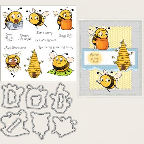 Sredwtk Süße Bienen Stanzschablonen und Stempelset,Stempel und Stanzen Set,Silikonstempel und Stanzen Set,Clear Stamp und Stanzschablone Für DIY Scrapbooking Fotoalbum Dekor Karten von Sredwtk