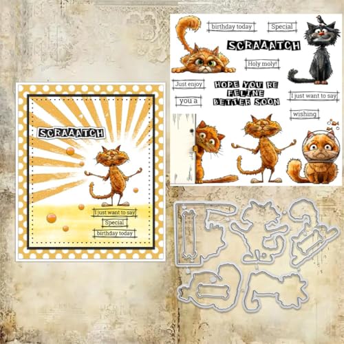Sredwtk Süße Katze Geburtstag Stanzschablonen und Stempelset,Stempel und Stanzen Set,Silikonstempel und Stanzen Set,Clear Stamp und Stanzschablone Für DIY Scrapbooking Fotoalbum Dekor Karten von Sredwtk