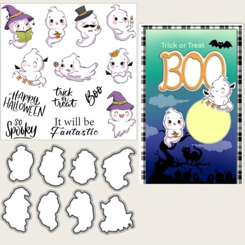 Sredwtk Süßer Geist Happy Halloween Stanzschablonen und Stempelset,Stempel und Stanzen Set,Silikonstempel und Stanzen Set,Clear Stamp und Stanzschablone Für DIY Scrapbooking Fotoalbum Dekor Karten von Sredwtk