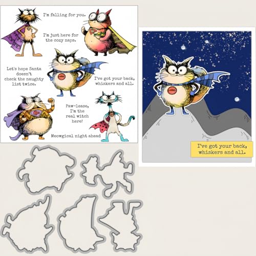 Sredwtk Superkatze Weihnachten Stanzschablonen und Stempelset,Stempel und Stanzen Set,Silikonstempel und Stanzen Set,Clear Stamp und Stanzschablone Für DIY Scrapbooking Fotoalbum Dekor Karten von Sredwtk